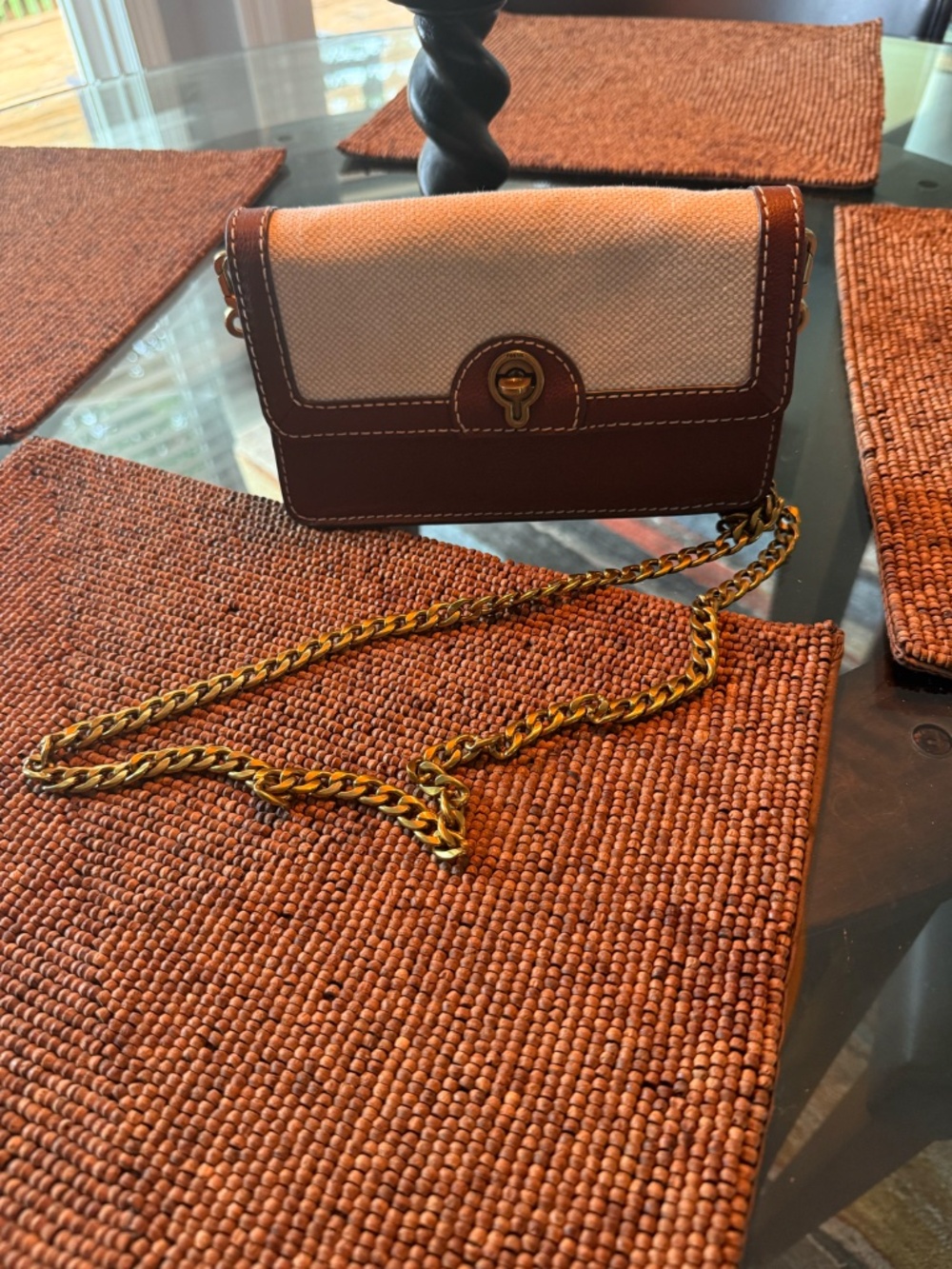 Fossil Canvas & Brown Leather Crossbody Bag with Chain Strap